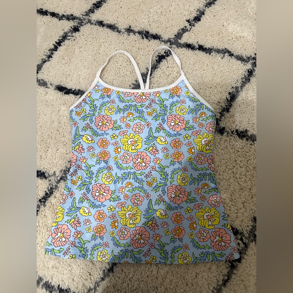 Floral Print Strappy Tank Top - Light Blue, Pink & Yellow
